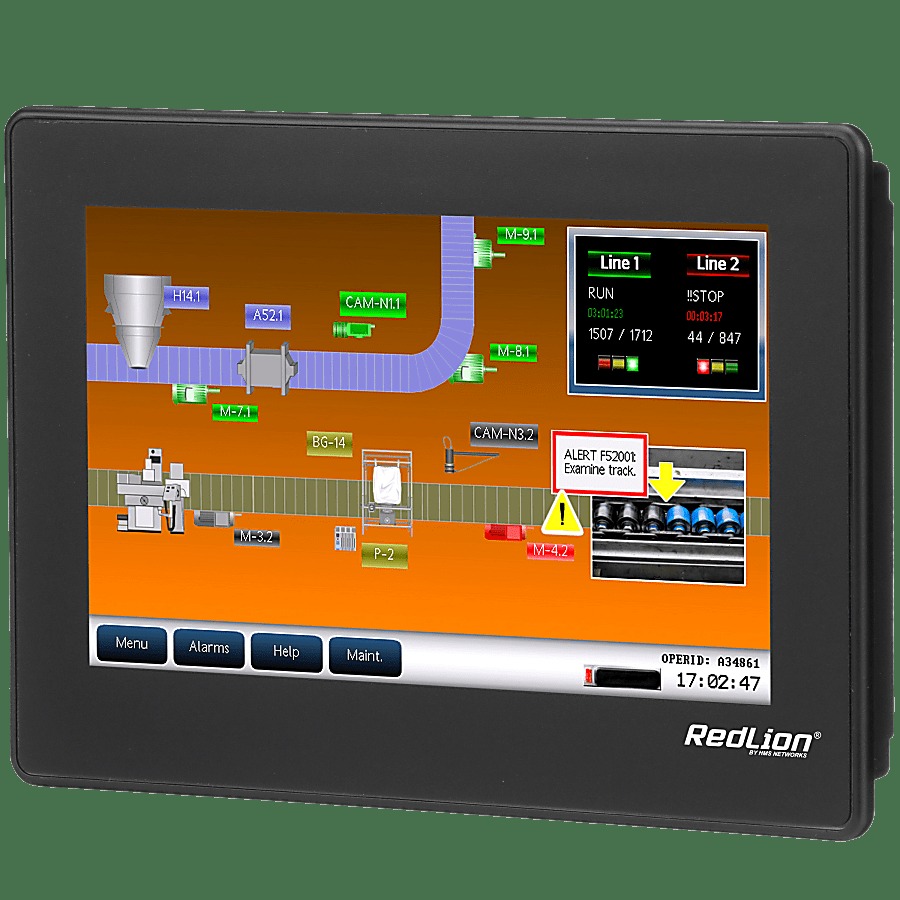 Màn hình HMI Red Lion CR1000-07000-00210 hiển thị giao diện SCADA dây chuyền sản xuất