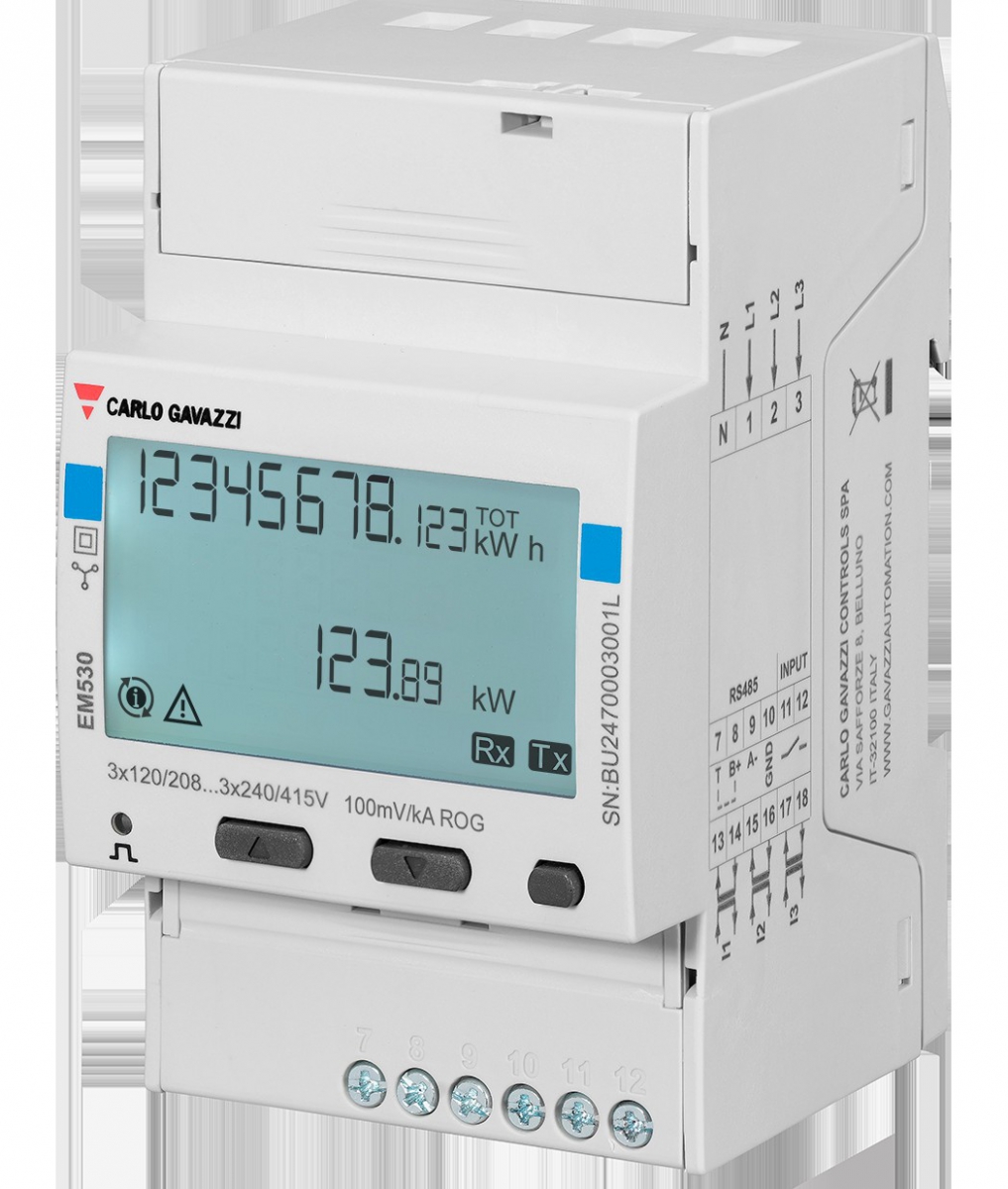 Chi tiết cầu đấu dây và nhãn RS485 của đồng hồ Carlo Gavazzi EM530