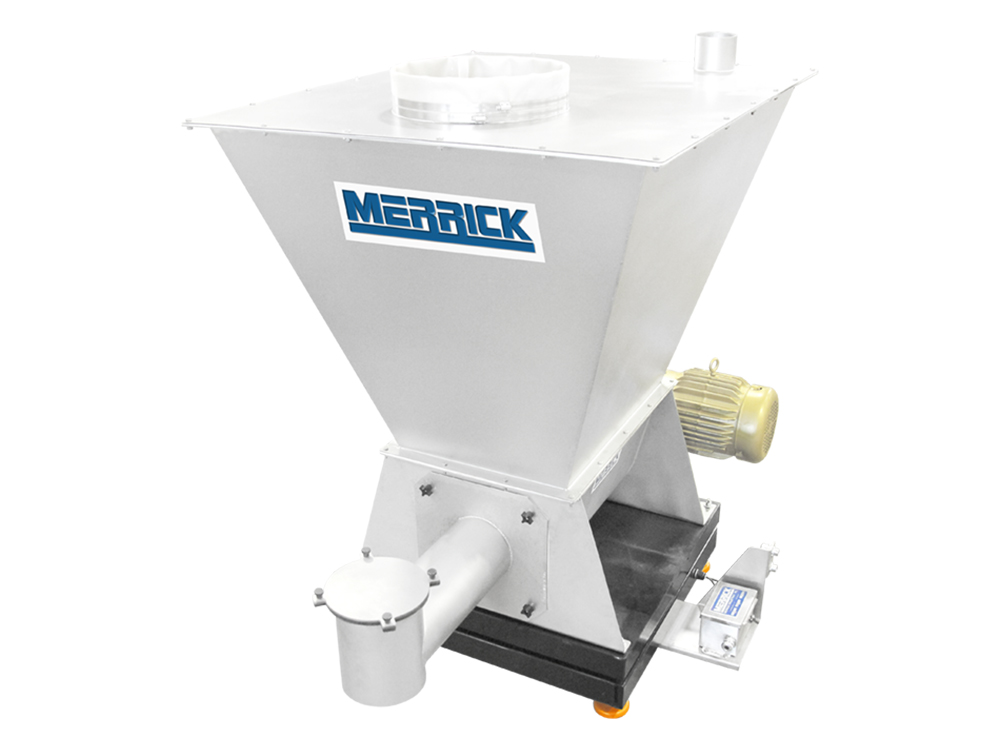 Máy cấp liệu giảm trọng lượng Merrick Model 520, phễu inox, bàn cân và tủ điều khiển