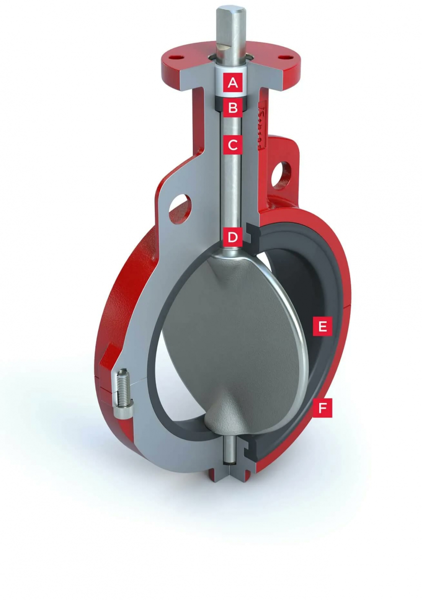 Hình cắt cấu tạo van bướm Bray Series 20/21 với các chi tiết seat, đĩa và thân van