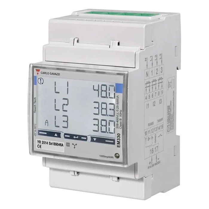Đồng hồ đo năng lượng 3 pha Carlo Gavazzi EM330 lắp thanh ray DIN, ngõ ra Modbus